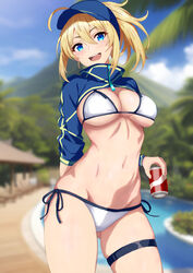  absurdres ahoge artoria_pendragon_(fate) baseball_cap bikini blonde_hair blue_eyes blue_hat blue_jacket blurry blurry_background blush breasts can cleavage cowboy_shot cropped_jacket curio_(curiofinity) fate/grand_order fate_(series) female hair_through_headwear hat highres holding holding_can jacket large_breasts looking_at_viewer mysterious_heroine_xx_(fate) navel outdoors ponytail shrug_(clothing) side-tie_bikini_bottom smile solo swimsuit thigh_strap white_bikini wristband zipper_pull_tab 