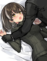  1boy arknights bed_sheet black_gloves black_jacket black_pants black_suit black_sweater blush bob_cut breasts brown_hair commentary earrings female flying_sweatdrops formal gloves hair_between_eyes highres jacket jewelry long_sleeves magallan_(arknights) medium_breasts multicolored_hair nervous_sweating open_mouth pants pinned ribbed_sweater short_hair sigm@ streaked_hair suit sweat sweatdrop sweater two-tone_hair upper_body white_hair yellow_eyes 