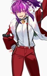  absurdres astrid_remond astrid_remond_(earth) bell choker ear_piercing elf female highres korean_commentary loh_grape long_sleeves lord_of_heroes neck_bell pants piercing pointy_ears ponytail purple_eyes purple_hair 