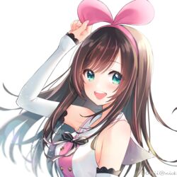  absurdres aqua_eyes arm_up artist_name bad_id bad_pixiv_id bare_shoulders bow bowtie breasts brown_hair buttons detached_sleeves double-breasted female floating_hair from_side hair_between_eyes hairband hairbow highres holding_hairband kizuna_ai kizuna_ai_inc. lace-trimmed_sleeves lace_trim lens_flare light_blush long_hair looking_at_viewer medium_breasts multicolored_hair nikku(user_grkf3753) open_mouth pink_hairband ribbon sailor_collar shirt sideboob simple_background sleeveless sleeveless_shirt sleeves_past_wrists smile solo streaked_hair swept_bangs tareme upper_body virtual_youtuber white_background white_sleeves 