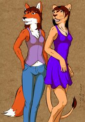  anthro blue_clothing bottomwear brown_hair canid canine clothing denim denim_bottomwear denim_clothing dipstick_tail dress duo felid female fox fur hair hi_res jeans lion lionclaw1 mammal markings multicolored_tail orange_body orange_fur pantherine pants pink_clothing pink_shirt pink_tank_top pink_topwear purple_clothing purple_dress red_fox sandra&#039;s_day sandra_lionheart sarah_fox shirt sundress tail tail_markings tan_body tan_fur tank_top topwear true_fox white_body white_fur white_inner_ear 