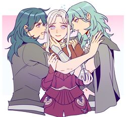  3girls alternate_hair_color angry armor blue_eyes blush breasts byleth_(female)_(fire_emblem) byleth_(fire_emblem) cape dual_persona edelgard_von_hresvelg enlightened_byleth_(female) fire_emblem fire_emblem:_three_houses girl_sandwich gloves green_eyes green_hair hair_ornament hair_ribbon highres holding hug large_breasts long_hair long_sleeves medium_hair multiple_girls radiostarkiller red_cape ribbon sandwiched smile white_hair yuri 