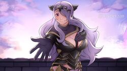  armor breasts camilla_(fire_emblem) commentary_request commission crown curvy female fire_emblem fire_emblem_fates hair_over_one_eye highres large_breasts long_hair one_eye_covered purple_hair red_eyes solo traveler_san twitter_username very_long_hair 