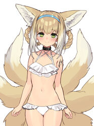  alternate_costume animal_ear_fluff animal_ears arknights bikini blonde_hair blush braid braided_hair_rings clenched_hands closed_mouth collar commentary cowboy_shot criss-cross_halter earpiece eyebrows female flat_chest fox_ears fox_girl fox_tail frilled_bikini frills green_eyes hair_between_eyes hair_rings hairband halterneck highres infection_monitor_(arknights) legs_together looking_at_viewer material_growth medium_hair multicolored_hair multiple_tails navel oripathy_lesion_(arknights) sidelocks sigm@ simple_background smile solo stomach streaked_hair suzuran_(arknights) swimsuit tail twin_braids two-tone_hair white_background white_bikini white_hair 