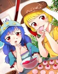  2girls alternate_headwear animal_ears baking blonde_hair blue_hair blush brown_headwear cabbie_hat cabinet commentary_request commission cookie crescent_print dutch_angle eating eyebrows_hidden_by_hair finger_in_own_mouth flat_chest food food_in_mouth hat highres holding holding_food indoors kaisenpurin long_hair looking_at_viewer low-tied_long_hair mixing_bowl multiple_girls puffy_short_sleeves puffy_sleeves rabbit_ears red_eyes ringo_(touhou) seiran_(touhou) short_hair short_sleeves skeb_commission swept_bangs touhou upper_body 