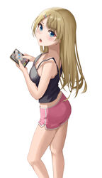  absurdres bad_id bad_twitter_id black_camisole blonde_hair blue_eyes breasts camisole cellphone cleavage dolphin_shorts female from_side hair_ornament hairclip highres holding holding_phone iphone long_hair looking_at_viewer mole mole_under_mouth open_mouth original phone short_shorts shorts smartphone sportswear white_background yj_(yojo_san) 