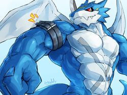  4:3 abs anthro bandai_namco belt biceps blue_body countershading digimon digimon_(species) exveemon flexing hi_res horn male muscular muscular_anthro muscular_male pecs red_eyes solo vein veiny_muscles waddledox wings 