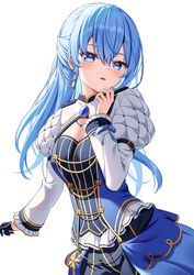  absurdres black_gloves blue_eyes blue_hair blue_pants blue_vest blush breasts cleavage collared_shirt commentary earrings female gloves half_gloves half_updo head_tilt highres hololive hoshimachi_suisei hoshimachi_suisei_(stellar_into_the_galaxy) jewelry juliet_sleeves kag_tsukimi long_hair long_sleeves looking_at_viewer official_alternate_costume outstretched_arm overskirt pants parted_lips puffy_sleeves shirt single_glove single_half_glove small_breasts solo vest virtual_youtuber 