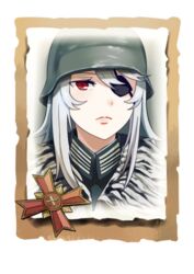  chinese_commentary closed_mouth coat commentary_request company_of_heroes eyepatch female fur-trimmed_coat fur_trim german_army hair_between_eyes hat helmet lips long_hair military military_coat military_hat military_uniform original portrait red_eyes solo uniform white_hair world_war_ii zhainan_s-jun 