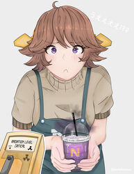  absurdres alternate_costume apron bananamaru blush brand_name_imitation brown_hair brown_sweater cup disposable_cup drinking_straw female flipped_hair frown geiger_counter green_apron grey_background grimace_shake_(meme) headgear hiei_(kancolle) highres holding holding_cup kantai_collection mcdonald&#039;s meme milkshake purple_liquid short_hair short_sleeves simple_background solo sweater 