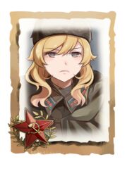  blonde_hair chinese_commentary closed_mouth commentary_request company_of_heroes female fur_hat grey_eyes hair_between_eyes hat jacket long_hair military military_hat military_jacket military_uniform original portrait solo soviet soviet_army uniform ushanka v-shaped_eyebrows world_war_ii zhainan_s-jun 