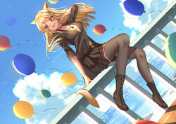  :d animal_ears artist_name balloon belt black_choker black_footwear black_shirt black_skirt black_thighhighs blonde_hair boots breasts cat_ears cat_girl cat_tail center_opening choker cloud commentary_request commission cross-laced_footwear day dutch_angle female final_fantasy final_fantasy_xiv hair_flip highres jewelry ku-ini lace-up_boots long_hair long_sleeves medium_breasts miniskirt miqo&#039;te necklace no_bra ocean open_mouth outdoors pleated_skirt railing red_eyes shirt sitting skirt sky sleeves_pushed_up slit_pupils smile solo tail thighhighs warrior_of_light_(ff14) wind zettai_ryouiki 