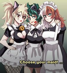  3girls apron big_breasts breast_to_breast cat_ears cleavage female female_bakugou female_deku female_only female_todoroki fully_clothed genderswap_(mtf) green_eyes green_hair heterochromia izuku_midoriya katsuki_bakugou lesbian_kiss lipstick lipstick_mark maid maid_apron maid_headdress maid_outfit maid_uniform my_hero_academia ponytail red_lipstick rule_63 short_hair shouto_todoroki spiky_hair take_your_pick two_tone_hair yuri 