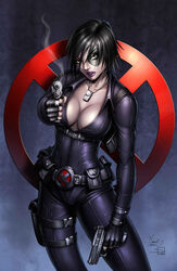  1girls black_hair bodysuit breasts cleavage dawn_mcteigue domino_(marvel) female female_only fully_clothed gun gun_smoke large_breasts lipstick looking_at_viewer marvel marvel_comics necklace neena_thurman pale_skin purple_lips sabine_rich short_hair solo solo_female thighs voluptuous x-force x-men yellow_eyes 