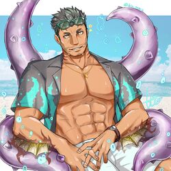  1boy abs arm_fins aura bara bare_pectorals beard_stubble border bubble collared_shirt commentary_request dagon_(housamo) dark-skinned_male dark_skin eyewear_on_head facial_hair fins fish_boy gills gold_necklace green-framed_eyewear grey_hair grey_shirt grin hair_slicked_back highres hio_tksr05 jewelry large_pectorals letterboxed long_sideburns male_focus mature_male muscular muscular_male mustache_stubble necklace official_alternate_costume open_clothes open_shirt orange_eyes pectorals sharp_teeth shirt short_hair shorts sideburns smile spiked_hair star_(symbol) stubble sunglasses teeth tentacle tentacle_print thick_eyebrows tokyo_afterschool_summoners twitter_username two-tone_shirt upper_body watch water white_border white_shorts wristwatch 