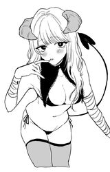  +_+ bandaged_arm bandages bikini blush breasts bright_pupils cowboy_shot cropped_legs demon_girl demon_tail female finger_to_mouth greyscale hand_up horns large_breasts leaning_forward little_mare long_hair looking_at_viewer monochrome navel original parted_lips side-tie_bikini_bottom simple_background solo standing swimsuit tail thighhighs white_background 