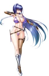  akiyama_rinko alternate_costume aoi_nagisa_(metalder) arms_up bikini breasts cleavage curvy embarrassed female full_body highres huge_breasts large_breasts lilith-soft long_hair looking_at_viewer official_alternate_costume official_art ponytail purple_eyes purple_hair shiny_skin smile solo swimsuit sword taimanin_(series) taimanin_rpgx taimanin_yukikaze thick_thighs thighs thong thong_bikini topless translation_request very_long_hair weapon white_background wide_hips 