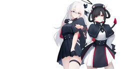  2girls absurdres angel_girl_(shimmer) artist_logo artist_name bare_shoulders black-haired_demon_girl_(shimmer) black_bow black_capelet black_choker black_gloves black_headwear black_nails black_skirt black_sleeves blue_eyes bow braid breasts capelet choker closed_mouth collarbone cowboy_shot cross cross_earrings demon_girl demon_tail detached_sleeves earrings flower gloves hair_ribbon hairbow halo hand_on_own_hip hand_up highres jewelry large_breasts long_hair looking_at_viewer medium_hair miniskirt multiple_girls nail_polish original pleated_skirt red_capelet red_eyes ribbon shimmer shirt skirt tail thighhighs twin_braids two-sided_capelet two-tone_capelet two-tone_skirt white_flower white_hair white_ribbon white_shirt white_skirt white_sleeves white_thighhighs 