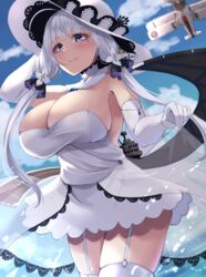  aircraft airplane azur_lane biplane blue_eyes blue_sky blush breasts closed_mouth cowboy_shot dress elbow_gloves fairey_swordfish female garter_straps gloves hair_ornament highres illustrious_(azur_lane) large_breasts large_hat long_hair looking_at_viewer mole mole_under_eye outdoors sky smile solo thighhighs thighs twintails water wee_(weeyy) white_dress white_gloves white_hair white_headwear white_thighhighs 