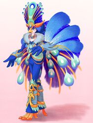  2023 3:4 ambiguous_gender anklet anthro avian beak big_tail blue_body blue_eyes blue_feathers bracelet choker clothing costume elegant feathers feet generation_9_pokemon hi_res jewelry long_legs looking_at_viewer necklace nintendo orange_tubuan ornate_clothing peacock_feather pokemon pokemon_(species) quaquaval simple_background smile smiling_at_viewer solo standing tail tail_feathers talons tiptoes toes yellow_beak 