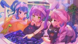  3girls apex_legends bibi_(tokoyami_towa) blue_eyes blue_footwear blue_hair braid casual commentary_request crossed_arms cup hairband hololive hoshimachi_suisei long_hair long_sleeves lying map minato_aqua multiple_girls neko_(minato_aqua) nessie_(respawn) on_stomach open_mouth pink_eyes pink_hair plant plesiosaur pointing purple_footwear purple_hair short_sleeves side_ponytail slippers sparkle startend_(hololive) steam stuffed_animal stuffed_toy tank_top tokoyami_towa twin_braids twintails virtual_youtuber yaya_(88cha) yellow_eyes 