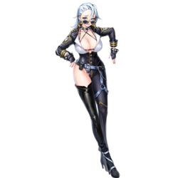  asymmetrical_bodysuit asymmetrical_clothes blue_eyes boots bracelet breasts bumcha cleavage collar cuffs earrings female fingerless_gloves full_body gloves handcuffs highres hoop_earrings huge_breasts jewelry last_origin long_hair looking_at_viewer looking_over_eyewear official_art open_mouth single_thigh_boot smile solo sonia_of_devastation spiked_bracelet spiked_collar spikes sunglasses tachi-e thigh_boots thighhighs transparent_background white_hair 