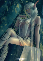  absurdres bare_shoulders breasts cleavage commentary dress elf female glowing glowing_eyes hair_over_shoulder highres jewelry lips long_hair medium_breasts navel night_elf_(warcraft) outdoors parted_bangs parted_lips photoshop_(medium) player_character_(wow) pointy_ears solo stomach warcraft white_dress white_hair world_of_warcraft wristband yellow_eyes zed_(trungbui42) 