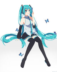  absurdres aqua_eyes aqua_hair aqua_nails aqua_necktie bare_shoulders black_skirt black_sleeves black_thighhighs blue_butterfly boots bug butterfly commentary detached_sleeves female full_body grey_shirt hair_ornament hand_up hatsune_miku headphones highres long_hair nail_polish necktie noneon319 shirt sitting skirt sleeveless sleeveless_shirt solo thigh_boots thighhighs twintails twitter_username very_long_hair vocaloid white_background zettai_ryouiki 