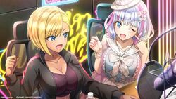  2girls blonde_hair blue_eyes bow breasts cleavage dark-skinned_female dark_skin dolphin_wave hairbow hat highres jacket kukuri_tomo large_breasts microphone multicolored_hair multiple_girls murahaya_mashio official_art on_chair one_eye_closed ootomo_takuji open_clothes open_jacket pink_hair puffy_sleeves purple_hair sailor_collar short_hair swept_bangs two-tone_hair wavy_hair 