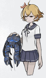  :&gt; bandaid bandaid_on_cheek bandaid_on_face blue_sailor_collar blue_skirt breasts brown_eyes coconut_crab commentary_request crab crab_on_head cropped_legs female grey_background grey_hair hair_between_eyes highres holding kantai_collection oboro_(kancolle) orange_hair partial_commentary pleated_skirt sailor_collar school_uniform serafuku short_hair short_sleeves simple_background skirt small_breasts smile tirarizun 