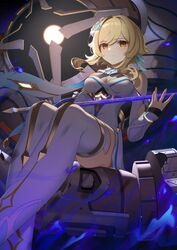  bare_shoulders blonde_hair breasts cleavage closed_mouth commentary_request detached_sleeves dress feather_hair_ornament feathers feet_out_of_frame female flower from_below genshin_impact hair_flower hair_ornament highres holding holding_sword holding_weapon legs lumine_(genshin_impact) meda partial_commentary robot ruin_guard_(genshin_impact) scarf short_hair_with_long_locks sidelocks sitting solo sword thighhighs weapon white_dress white_flower white_scarf yellow_eyes 