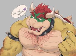  2022 2_horns anthro arm_hair armband barazoku bearwivme belly biceps big_muscles body_hair bowser chest_hair claws collar collar_only dialogue emoji english_text eyebrows facial_hair grey_background hair hi_res horn huge_muscles koopa looking_at_viewer male mario_bros musclegut muscular muscular_anthro muscular_male nintendo nude open_mouth pecs reaction_image scalie shell simple_background solo speech_bubble spiked_armband spiked_collar spiked_shell spikes spikes_(anatomy) stubble talking_to_viewer teeth text tongue unimpressed 