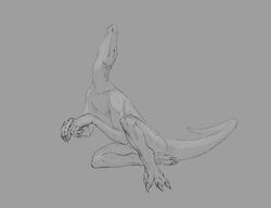  5_fingers anthro athletic claws closed_eyes digital_media_(artwork) fingers grey_background greyscale klongi lizard long_neck male monochrome nude reptile scalie simple_background sitting solo 