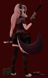  3d_(artwork) ammo_box anthro artians barefoot belt bottomwear canid canid_demon canine choker clothed clothing collar demon digital_media_(artwork) digitigrade feet female fingerless_gloves fur gloves gun hair handgun handwear hellhound helluva_boss hi_res holster jewelry knife laser_sight legwear looking_back loona_(aeridiccore) loona_(helluva_boss) mammal multicolored_body multicolored_fur mythological_canine mythological_creature mythology necklace notched_ear pistol ranged_weapon rear_view red_background red_sclera shirt shorts silencer simple_background smoke solo source_filmmaker_(artwork) spiked_collar spikes standing stockings teeth topwear torn_clothing walkie-talkie weapon white_body white_eyes white_fur white_hair 