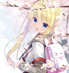  &gt;_&lt; :d backpack bag blonde_hair blue_eyes blurry blurry_background blurry_foreground blush branch breasts cariboy commentary_request depth_of_field female flower hair_between_eyes hood hood_down hoodie long_hair looking_at_viewer looking_back medium_breasts open_mouth original outdoors petals side_ponytail smile solo upper_body very_long_hair white_flower white_hoodie 