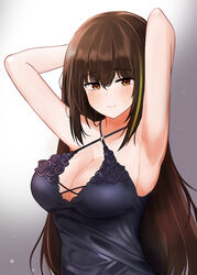  armpits arms_behind_head black_dress blush breasts brown_hair cla_(finesoda) criss-cross_halter dress evening_gown female girls&#039;_frontline green_hair halterneck highres large_breasts long_hair m4a1_(girls&#039;_frontline) m4a1_(suspender_of_time)_(girls&#039;_frontline) multicolored_hair official_alternate_costume photoshop_(medium) smile solo streaked_hair upper_body 