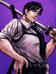  1boy belt black_hair black_necktie black_pants chainsaw_man chest_belt collared_shirt curtained_hair formal harness holding holding_sword holding_weapon katana kishibe_(chainsaw_man) kishibe_(young)_(chainsaw_man) male_focus mon_star200cc necktie pants purple_background shirt shirt_tucked_in short_hair simple_background smile solo suit sword weapon weapon_on_back white_shirt 