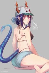  arknights ass bare_arms bare_shoulders baseball_cap bikini black_bikini blue_hair ch&#039;en_(arknights) character_name commentary dragon_horns dragon_tail female female_tourist_c_(arknights) folded_ponytail from_behind grey_background grey_shorts hat highres horns looking_at_viewer looking_back official_alternate_costume red_eyes seraphim_throne short_hair short_shorts shorts sidelocks simple_background sitting solo swimsuit tail thighs 