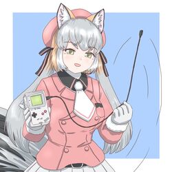  animal_ear_fluff animal_ears breasts cable_spin female fox_ears fox_girl fox_tail game_boy game_boy_(original) game_link_cable gloves handheld_game_console hat holding holding_handheld_game_console island_fox_(kemono_friends) kemono_friends kemono_friends_v_project long_hair looking_at_viewer mukouyama_mu multicolored_hair necktie open_mouth ribbon shirt skirt solo tail twintails virtual_youtuber 