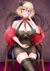  azur_lane bare_shoulders between_breasts black_dress black_thighhighs blonde_hair breasts chair cleavage dress feather_boa female hair_between_eyes hair_ornament halter_dress halterneck hand_on_own_cheek hand_on_own_face highres huge_breasts looking_at_viewer multicolored_hair official_alternate_costume red_hair roon_(azur_lane) roon_(viridescent_lullaby)_(azur_lane) sai-go short_dress short_hair sitting sleeveless sleeveless_dress solo strap_between_breasts streaked_hair thighhighs thighs tight_clothes tight_dress two-tone_hair yellow_eyes 