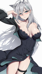  absurdres animal_ears bare_shoulders black_choker black_dress blue_archive blue_eyes blush breasts choker cleavage closed_mouth dress extra_ears female grey_hair hand_up highres large_breasts long_hair long_sleeves looking_at_viewer off_shoulder shiroko_(blue_archive) shiroko_terror_(blue_archive) simple_background solo thigh_strap thighs white_background wolf_ears yukiaka 