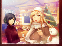  2girls alternate_costume black_hair blonde_hair christmas christmas_tree couple girl_friends_(manga) heart jacket kumakura_mariko lilaccu long_hair multiple_girls oohashi_akiko scarf short_hair tree window yellow_eyes yuri 