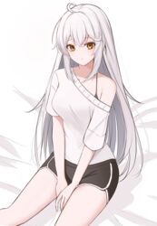  :o absurdres ahoge bed_sheet breasts costone counter:side dolphin_shorts female gaeun_(counter:side) highres long_hair looking_at_viewer medium_breasts off_shoulder shorts sidelocks simple_background sitting solo straight_hair sweater v_arms white_hair white_sweater yellow_eyes 