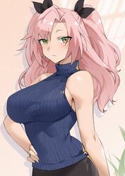  :&lt; alternate_costume bare_arms bare_shoulders black_ribbon blue_sweater breasts female green_eyes hair_ribbon hand_on_own_hip highres large_breasts linreplica long_hair looking_at_viewer nicole_demara pink_hair ribbon sleeveless sleeveless_turtleneck solo sweater turtleneck two_side_up upper_body very_long_hair zenless_zone_zero 