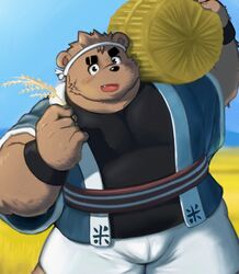  2022 anthro bear black_nose blush bottomwear brown_body clothed clothing farmer food hi_res humanoid_hands kemono male mammal outside overweight overweight_male rice sakisukem shirt shorts solo topwear 