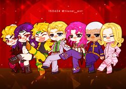  6+boys :d battle_tendency black_coat black_eyes blonde_hair blue_eyes cancan_dance chibi closed_eyes closed_mouth coat curtains dancing dark-skinned_male dark_skin diamond_wa_kudakenai diavolo dio_brando dual_persona enrico_pucci formal full_body funny_valentine high_kick jojo_no_kimyou_na_bouken kars_(jojo) kicking kira_yoshikage korean_commentary multiple_boys oerba_yun_fang open_mouth phantom_blood pink_hair polka_dot_hair priest purple_hair red_eyes smile stage stage_lights standing standing_on_one_leg stardust_crusaders steel_ball_run stone_ocean suit tianel_ent vampire vento_aureo white_hair 