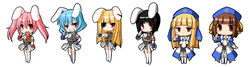  6+girls :d animal_ears black_hair blonde_hair blue_hair blue_headwear blush_stickers boots brown_hair chibi chiester00 chiester410 chiester45 chiester556 chiester_sisters closed_mouth cornelia_(umineko) expressionless eyepatch fangs garter_straps gertrude_(umineko) gloves hat highres multiple_girls open_mouth orange_eyes pink_hair rabbit_ears salute showgirl_skirt smile sweat tako_(all_delete) thigh_boots thighhighs twintails umineko_no_naku_koro_ni white_footwear 