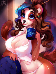  2021 5_fingers ailurid anthro blue_eyes blue_hair breasts brown_body brown_fur digital_media_(artwork) ear_piercing ear_ring eyebrow_piercing eyebrow_ring eyebrows eyelashes facial_piercing female fingers fur hair hi_res mammal navel pacevanrign piercing red_panda ring_piercing smile solo 