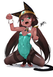  animal_ears aqua_eyes aqua_leotard aquamarine_(gemstone) bare_shoulders black_hair breasts bridal_legwear cat_ears cat_tail circlet covered_navel dai_yasude dark-skinned_female dark_skin detached_collar egyptian facial_mark female full_body highres leotard long_hair low_twintails oerba_yun_fang open_mouth original pantyhose paw_pose playboy_bunny small_breasts smile solo squatting strapless strapless_leotard suez-chan tail twintails very_long_hair wrist_cuffs 