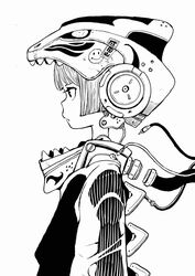  acky_bright cable commentary female greyscale helmet highres jacket kanji long_sleeves mecha mecha_musume monochrome original profile robot short_hair smiley_face solo teeth tube white_background wire wiring 